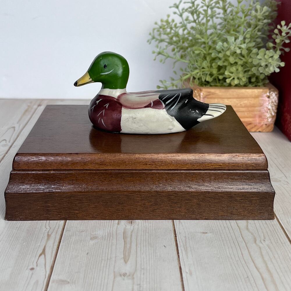 Vintage Wood Playing Card Box with Ceramic Mallard Duck & 2 Card Decks 1970s-80s